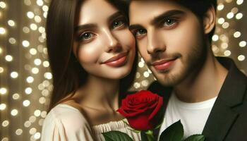 Close-up photo of a young couple, their faces close together, eyes locked in a loving gaze. The woman has a soft smile, holding a single red rose.. Generative AI