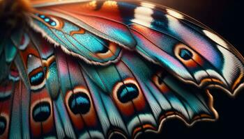 un de cerca foto de un de mariposa ala, exhibiendo sus vibrante colores y intrincado patrones.. generativo ai