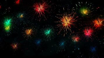 colorful fireworks on black background for festive celebration and decorative poster banner and greeting card design element . generative AI photo