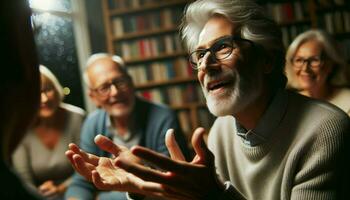 A close-up of an elderly Caucasian man engaged in a lively discussion at a book club meeting.. Generative AI photo