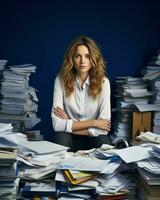mujer de negocios mirando estresado entre muchos pila de algo de documentos. generativo ai foto