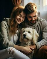 A happy couple posing with their dog. Generative AI photo