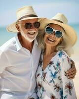 An elderly couple enjoying their holiday on the beach. Generative AI photo