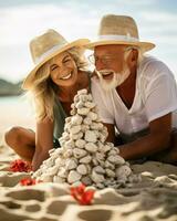 un mayor Pareja es edificio un arena castillo en el playa. generativo ai foto