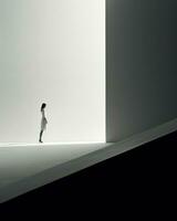 un minimalista Disparo de un mujer caminando en un tenuemente iluminado habitación.. generativo ai foto