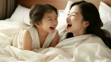 asiático madre y hija riendo y teniendo contento momentos en cama. generativo ai foto