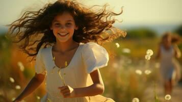 Young girl in a white blouse running joyfully in an open field.. Generative AI photo