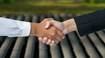 A professional handshake indicating a successful deal. Generative AI photo