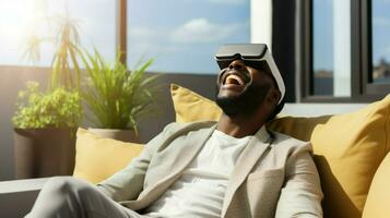 A relaxed african man exploring a virtual reality environment while lounging.. Generative AI photo