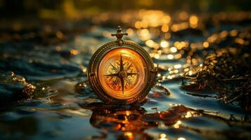 Vintage compass on a wet surface, reflecting its surroundings.. Generative AI photo