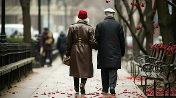 Old couple walking on a street full of fallen leaves.. Generative AI photo