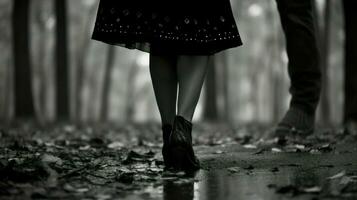 de cerca de mujer piernas, caminando en un mojado calle en lluvioso clima.. generativo ai foto