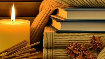 Folded warm clothes, with a book and a candle, emphasizing comfort.. Generative AI photo