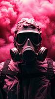 cyberpunk personaje vistiendo gas máscara con rosado tema. generativo ai foto