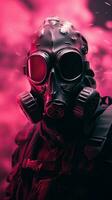 cyberpunk personaje vistiendo gas máscara con rosado tema. generativo ai foto