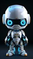 Cute futuristic small white robot with dark background. Generative AI photo