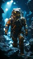 Astronaut wearing spacesuit walking inside the cave with blue light. Generative AI photo