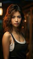 hermosa asiático joven mujer al aire libre a noche. generativo ai foto