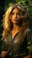 Beautiful woman in the tropical jungle. Generative AI photo