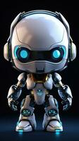 Cute futuristic small white robot with dark background. Generative AI photo