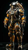 Close-up of a orange metal robot with black background. Generative AI photo