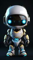 Cute futuristic small white robot with dark background. Generative AI photo