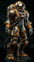 Close-up of a orange metal robot with black background. Generative AI photo
