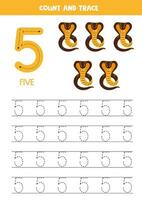 Trace numbers. Number 5 five. Cute cartoon cobras. vector