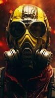 fantasía personaje vistiendo gas máscara con amarillo cyberpunk tema. generativo ai foto