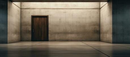 Indoor area with wooden doors concrete walls and an entrance for people photo