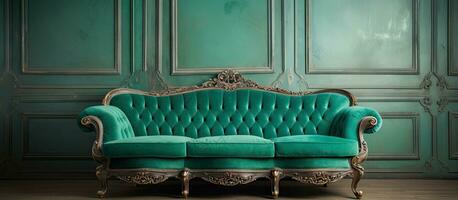 Vintage room with a luxury green sofa in a vintage style photo