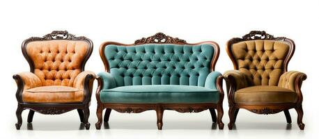 Assorted wooden sofas and armchairs in modern vintage retro and antique styles with various textile colors Furniture set for photo studio