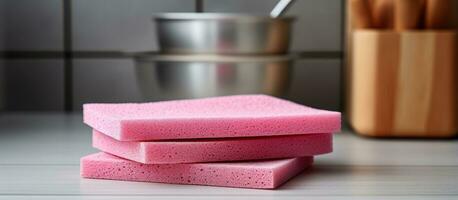 Kitchen interior with pink dishwashing sponge and gray drying rag Concept of washing dishes photo