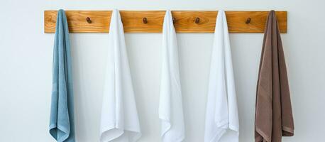Hand towels hanging on a white wall photo
