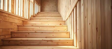 Perspective view of a pine staircase made of wood photo