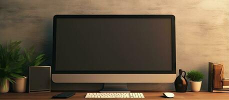 un diseñador escritorio con negro computadora pantalla representando lugar de trabajo y estilo de vida foto