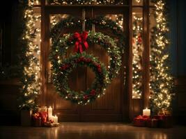 Christmas wreath on the door. Christmas and New Year background. photo