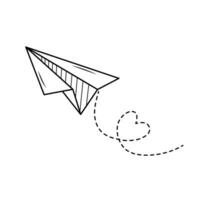 Paper plane with a dotted line heart. Linear icon. Hand drawn doodle airplane. The way forward, unique, innovation, start-up company, business, growth, travel, freedom, dream concept. vector