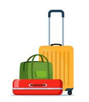 Travel bags composition. Suitcase and backpack. Tourist case, journey and adventure baggage. Travelers luggage. Vector illustration.