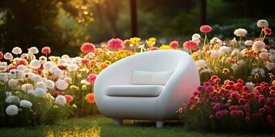 ai generado. ai generativo. moderno mínimo sillón en blanco color en pie fuera de en naturaleza con muchos plantas flores decoración antecedentes. gráfico Arte foto