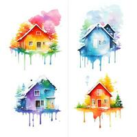 Colorful watercolor houses with dripping paint.  isolated on white background. photo