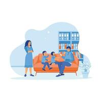 A happy mother sees her two children playing with their father at home. Dad made a photo of his children sitting and playing on the sofa. A couple of happy, funny parents concepts. vector