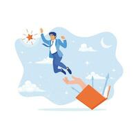 A hand emerges from an open book. Hands are trying to hold a male businessman who is flying towards the stars in the sky. Career Development Concept. trend modern vector flat illustration