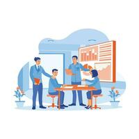 Diverse colleagues gather and discuss together in the meeting room. Discuss charts, diagrams and statistical data on office finances. Teamwork meeting concept. trend modern vector flat illustration