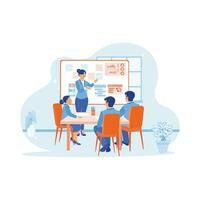 The female manager leads a business creative team meeting in a mobile app software design project. Discuss with each other during meetings in the office. Teamwork meeting concept. vector