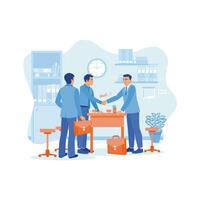 Happy business partners shaking hands after reaching an agreement. Negotiation process during a meeting in the office. Employee Making concept. trend modern vector flat illustration