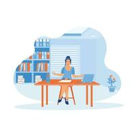 Career woman sitting relaxed, meditating in front of a laptop. Take a deep breath to relieve stress after work. Self-improvement concept. trend modern vector flat illustration