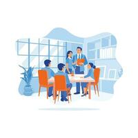 A diverse business team gathered together in the meeting room. Discuss business ideas, find solutions, and review product sales results. Discuss Information concept. vector