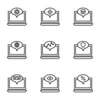 Set of signs for UI, adverts, books drawn in line style. Editable stroke. Icons of gear, sun, house, planet, progress, shield, clock, percent, eye on laptop vector