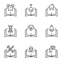 Set of signs for UI, adverts, books drawn in line style. Editable stroke. Icons of alarm clock, lamp, house, column, heart, bell, repair, cube, table lamp vector